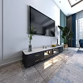 Modern Dark TV Stand with Marble Top Wall Mounted TV Green Plant and Decorative Figurine