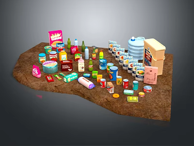 Assorted Food And Beverage Packages With Bottles Cans And Boxes On Brown Surface 3d model