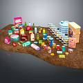Assorted Food And Beverage Packages With Bottles Cans And Boxes On Brown Surface