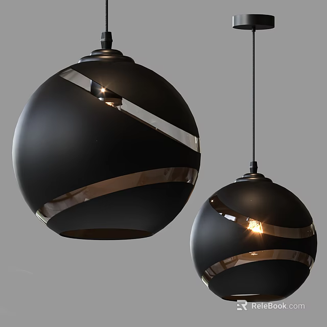Modern Black Spherical Pendant Lights With Glossy Surface And Metal Stripes 3d model 