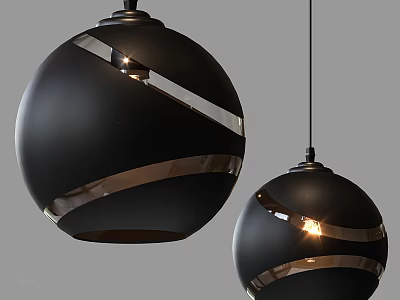Modern Black Spherical Pendant Lights With Glossy Surface And Metal Stripes 3d model