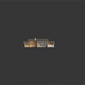 Single Story Wooden House With Gray Roof Chimney And Railed Patio On Green Lawn