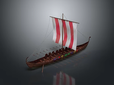 Wooden Viking Longship With Red White Striped Sail Oars And Decorative Elements 3d model