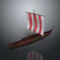 Wooden Viking Longship With Red White Striped Sail Oars And Decorative Elements