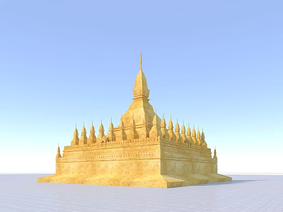 Golden Pagoda With Multiple Spires And Intricate Architectural Design Under Blue Sky 3d model