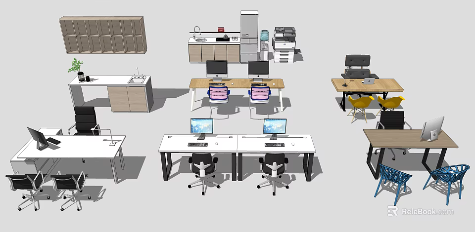 Multiple Modern Office Desks Setup With Computers Ergonomic Chairs And Workstations 3d model