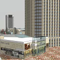 Modern Commercial Street With Pedestrian Walkway Water Pools And Stylish Buildings