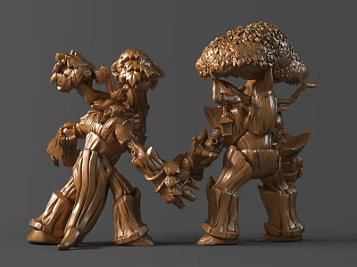 Two Wooden Tree Character Sculptures Featuring Dynamic Poses And Intricate Carvings 3d model