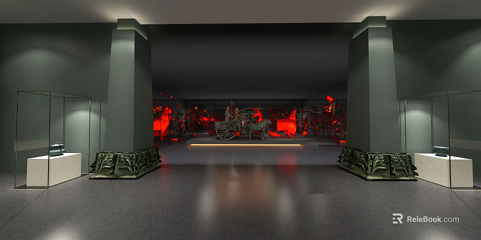 Cultural Center Interior Featuring Dark Columns And Red Decorative Artworks 3d model 