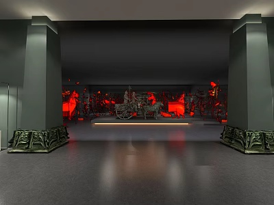 Cultural Center Interior Featuring Dark Columns And Red Decorative Artworks 3d model