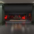 Cultural Center Interior Featuring Dark Columns And Red Decorative Artworks