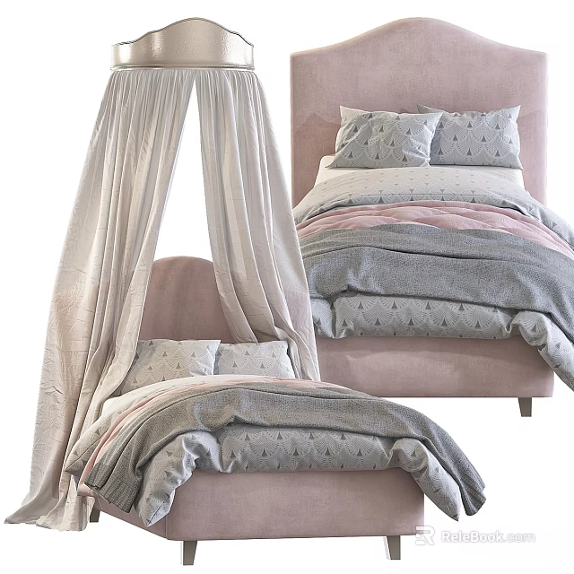 Kids Bed With Pink Headboard Canopy And Soft Gray Pink Bedding 3d model 