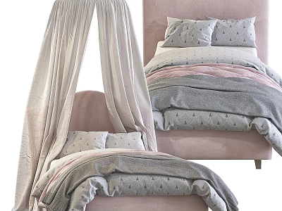 Kids Bed With Pink Headboard Canopy And Soft Gray Pink Bedding 3d model