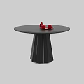 Modern Round Black Dining Table With Geometric Striped Base And Red Teapot Cups 3d model