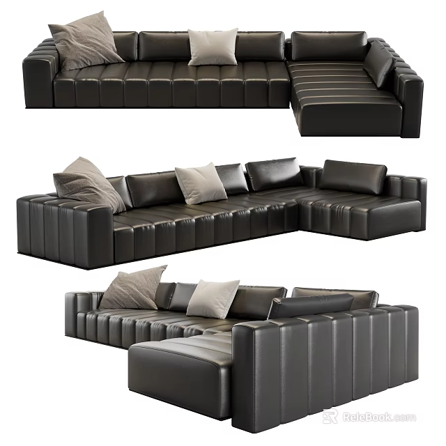 Modern Black Leather Sectional Sofa With Soft Pillows And L Shape Design 3d model 
