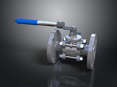 Industrial Metal Ball Valve With Blue Handle And Flange Connection 3d model