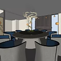 Modern Restaurant Interior With Round Dining Table Blue Seats Green Plant And Dark Wooden Walls