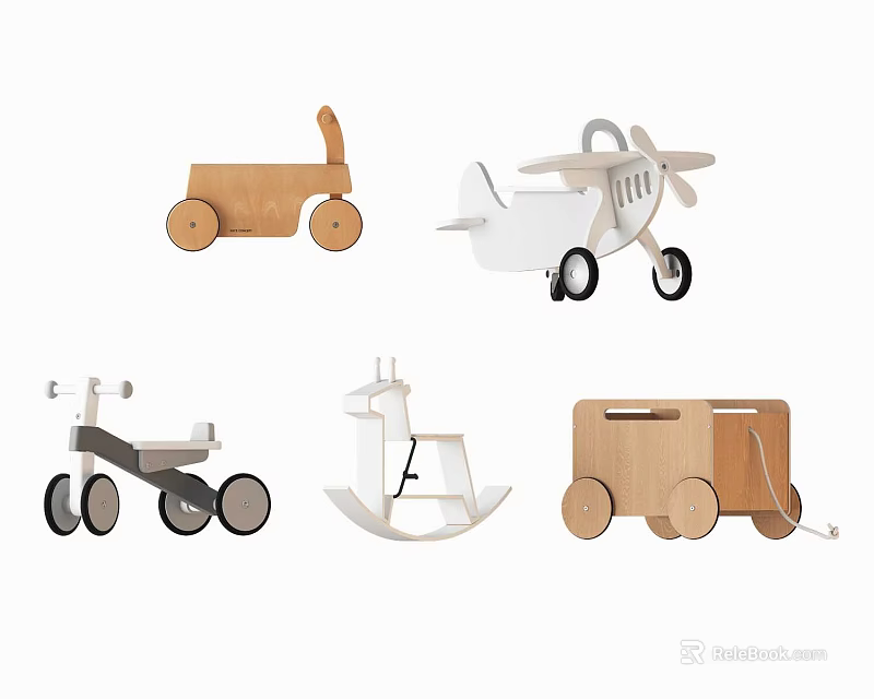Assorted Wooden Toys Including Car Plane Tricycle Rocking Horse And Train 3d model 