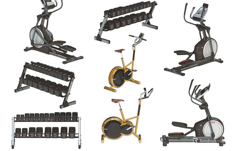 Home Gym Sports Equipment Collection With Elliptical Trainers Dumbbell Racks And Stationary Bikes 3d model 