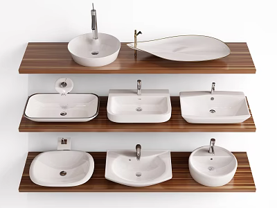 Multiple Bathroom Sinks With Various Shapes On Wooden Shelves 3d model