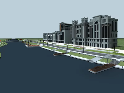 Modern Commercial Landscape With Large Buildings Promenade Lawn And Piers Along Riverfront 3d model