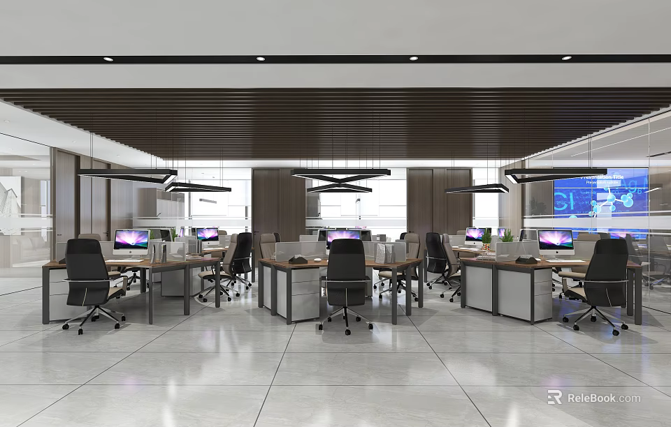 Modern Public Office Space Interior With Work Desks Computers Ergonomic Chairs And Hanging Lights 3d model 