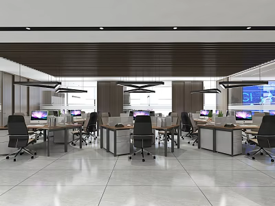 Modern Public Office Space Interior With Work Desks Computers Ergonomic Chairs And Hanging Lights 3d model