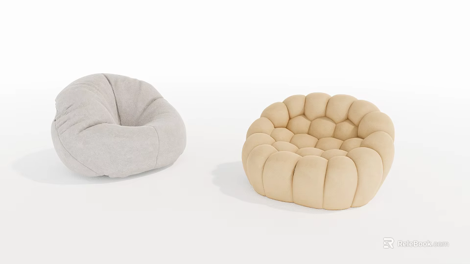 Two Gray And Beige Round Bean Bag Chairs With Puffed Surface Design 3d model