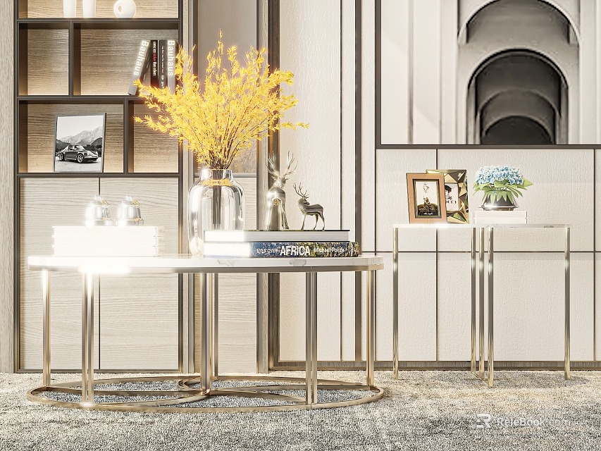 Modern Round Coffee Table With Metal Frame Vase Books And Photo Frame In Living Room 3d model 