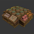 Wooden Display Storage Cabinet With Compartments Barrels Colorful Squares And Rolled Items
