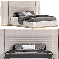 Elegant Double Bed With Upholstered Headboard Grey Bedding Pillows And Throw Blanket 3d model