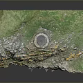 Detailed 3D Model of Cliff Featuring Circular Stone Structure Green Grass and Orange Rocks
