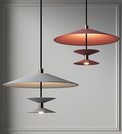 Modern Pendant Lights With Red And Gray Disc Shades In Minimalist Interior Design 3d model