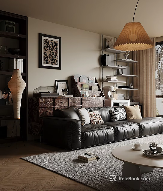 Vintage Living Room Interior With Black Leather Sofa Decorative Painting Bookshelves Floor Lamp Pillows 3d model 