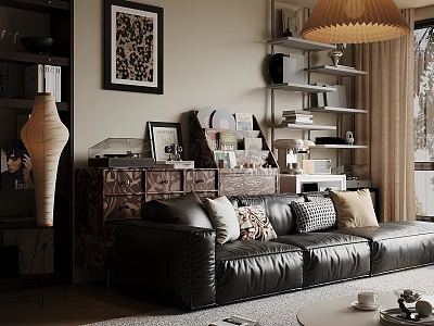 Vintage Living Room Interior With Black Leather Sofa Decorative Painting Bookshelves Floor Lamp Pillows 3d model