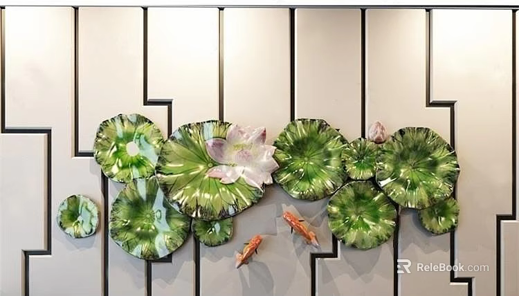 Decorative Wall Decor With Green Lotus Leaves Pink Flower And Goldfish 3d model 