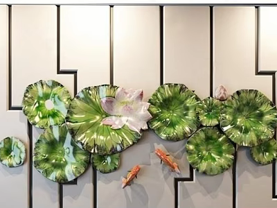 Decorative Wall Decor With Green Lotus Leaves Pink Flower And Goldfish 3d model