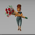 Red Haired Cartoon Character In Black Top Blue Overalls Holding Large Bouquet Of Red Roses