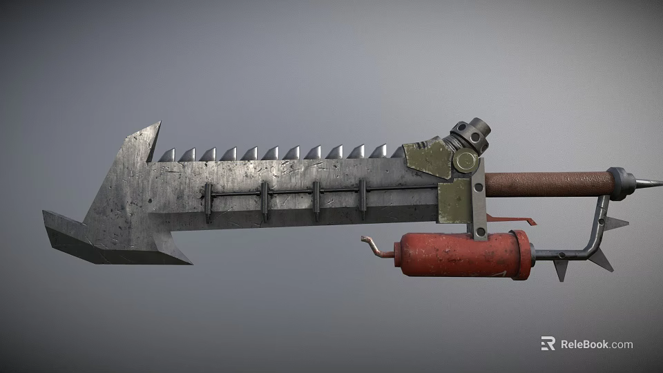 Mechanical Battle Axe Weapon Featuring Spiked Blade Metal Frame And Red Cylinder Component 3d model