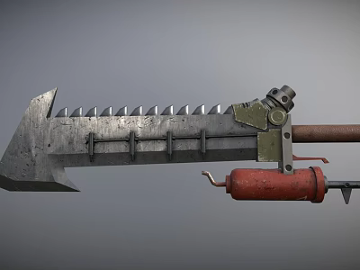 Mechanical Battle Axe Weapon Featuring Spiked Blade Metal Frame And Red Cylinder Component 3d model