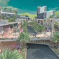 Modern Commercial Street with Palm Trees Water Channels Modern Buildings Pedestrians and Umbrella Seating