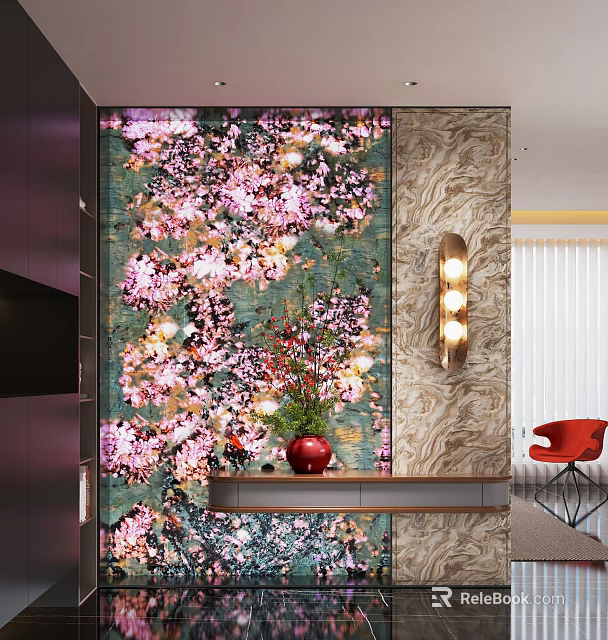 Entryway Hallway Interior With Floral Wallpaper Console Table Red Vase Wall Sconce And Red Chair 3d model 