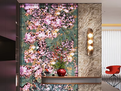 Entryway Hallway Interior With Floral Wallpaper Console Table Red Vase Wall Sconce And Red Chair 3d model