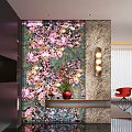 Entryway Hallway Interior With Floral Wallpaper Console Table Red Vase Wall Sconce And Red Chair