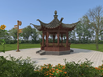 Traditional Chinese Style Pavilion In Garden With Paved Ground Grassland Trees And Sunflowers 3d model