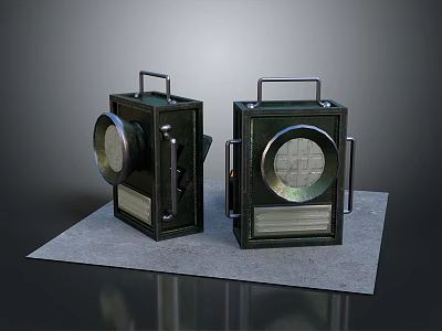 Black Vintage Portable Electronic Lamps With Metal Handles On Gray Mat 3d model