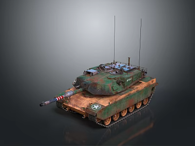 Military Tank With Green Brown Camouflage Rusty Body Striped Barrel And Antennas 3d model