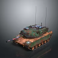 Military Tank With Green Brown Camouflage Rusty Body Striped Barrel And Antennas