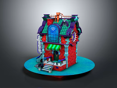 Fantasy Style Building Featuring Red Brick Walls Green Awning Blue Windows And Decorative Roof 3d model