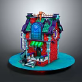 Fantasy Style Building Featuring Red Brick Walls Green Awning Blue Windows And Decorative Roof
